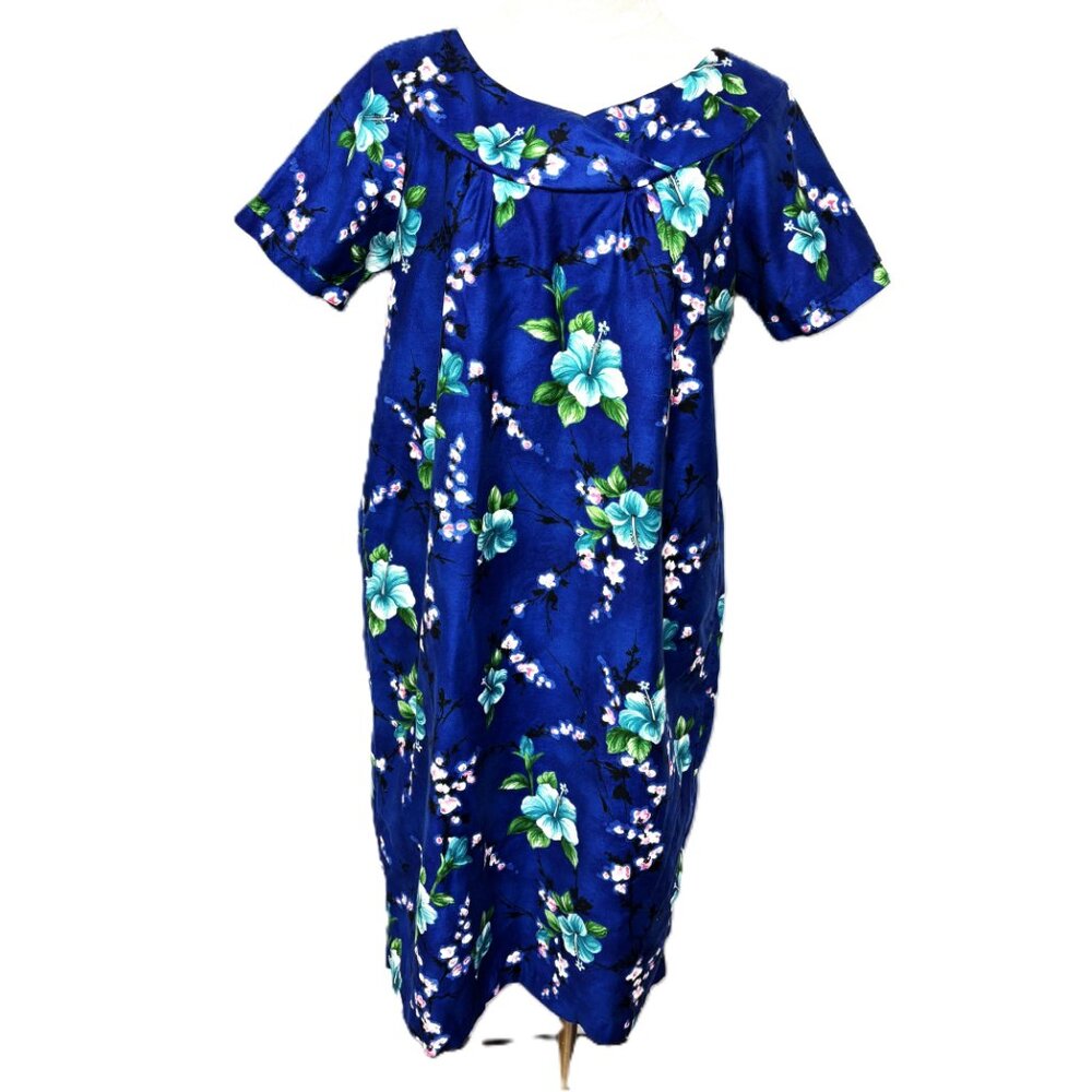 Hawaiian Aloha Muu Muu Hookano Blue Plumeria Floral Tropical Dress VTG Size M